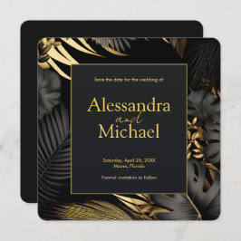 Modern Black Guld Tropical Bröllop spara datum Inbjudningar