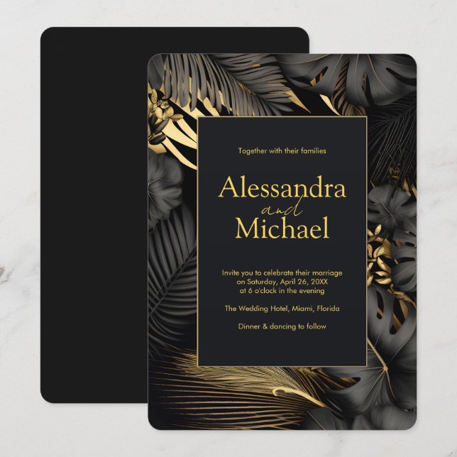 Modern Black Guld Tropical Löv Bröllop Inbjudningar (Fram/baksida)