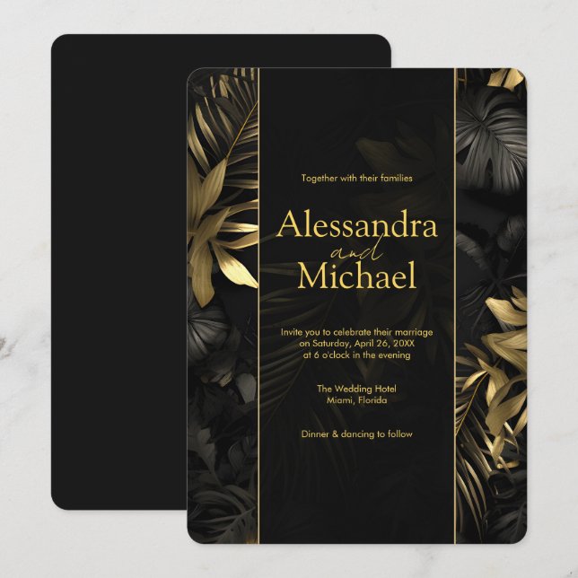 Modern Black Guld Tropical Löv Bröllop Inbjudningar (Fram/baksida)