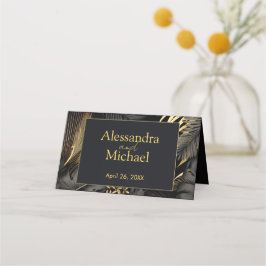 Modern Black Guld Tropical Löv Bröllop Placeringskort
