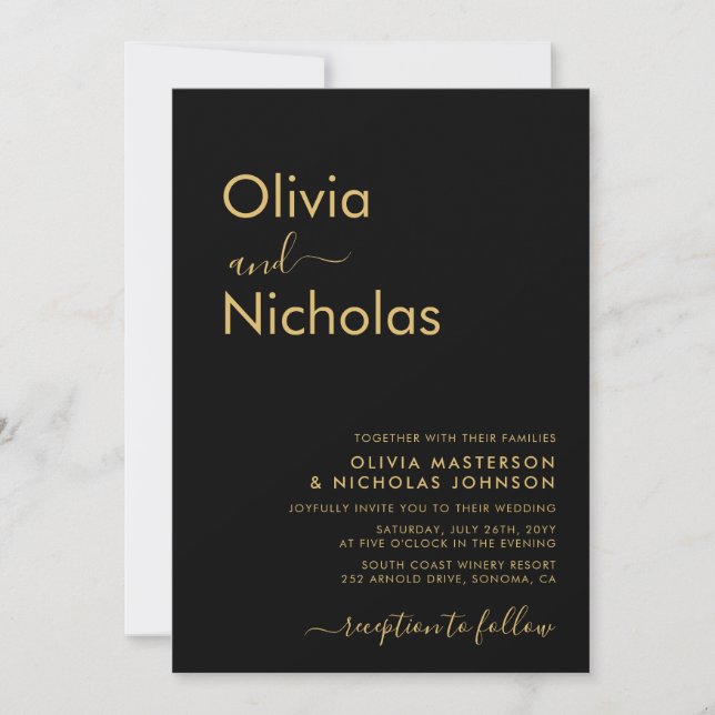 Modern Black Guld Typography Monogram Bröllop Inbjudningar (Framsida)