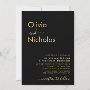 Modern Black Guld Typography Monogram Bröllop Inbjudningar