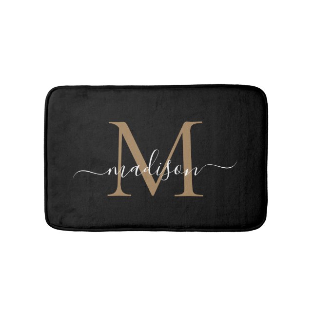 Modern Black Guld White Monogram Script-Elegant Badrumsmatta (Framsidan)