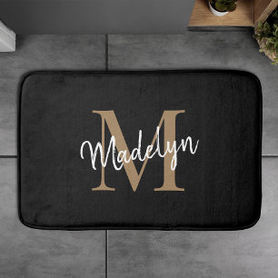 Modern Black Guld White Monogram Script-Elegant Badrumsmatta