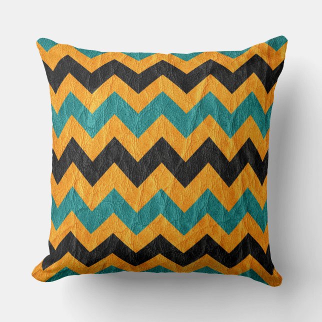 Modern Black Gult Aqua Chevron Leather Kudde (Framsida)