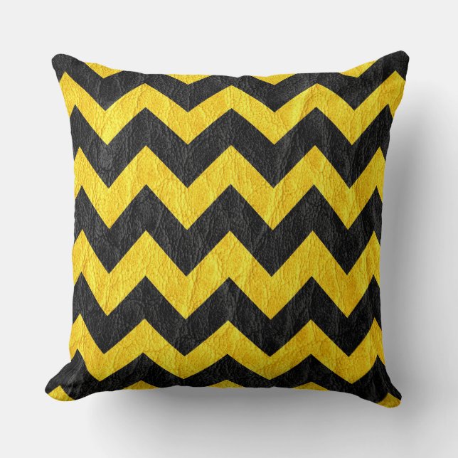 Modern Black Gult Chevron Leather Kudde (Framsida)