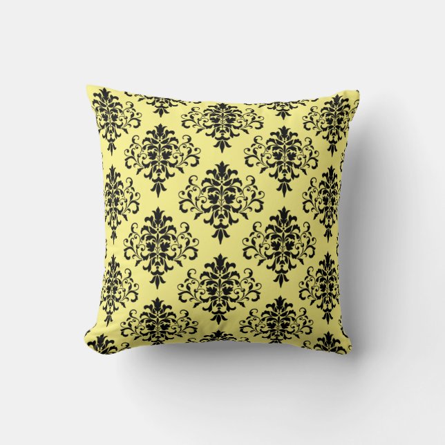 Modern Black Gult Damask Pattern Kudde (Framsida)