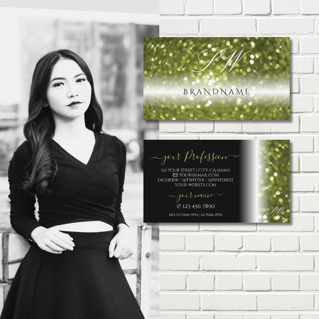 Modern Black Gult Grönt Gnistra Glitter Initialer Visitkort (Skapare uppladdad)