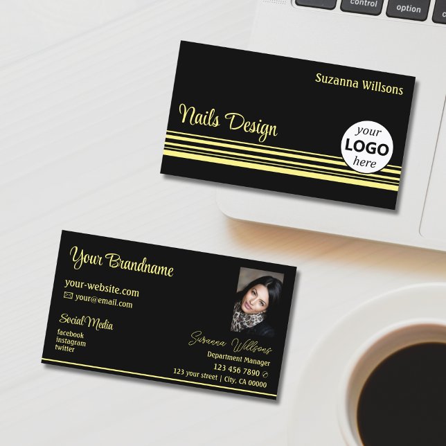 Modern Black Gult Rand med Logotyp och foto Visitkort (Skapare uppladdad)