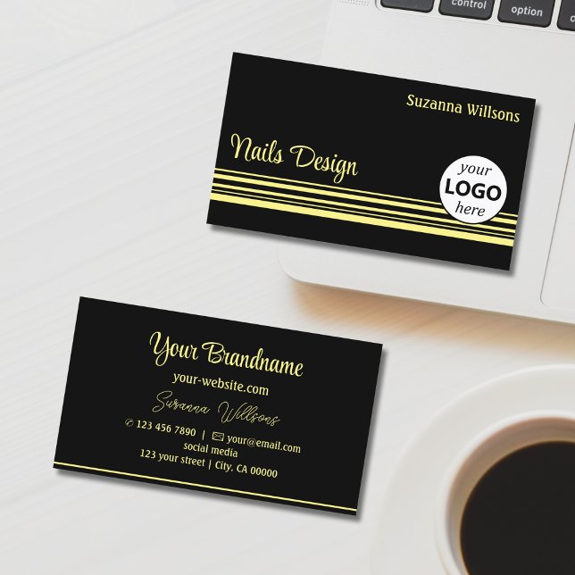 Modern Black Gult Rand med Logotyp Professionell Visitkort (Skapare uppladdad)