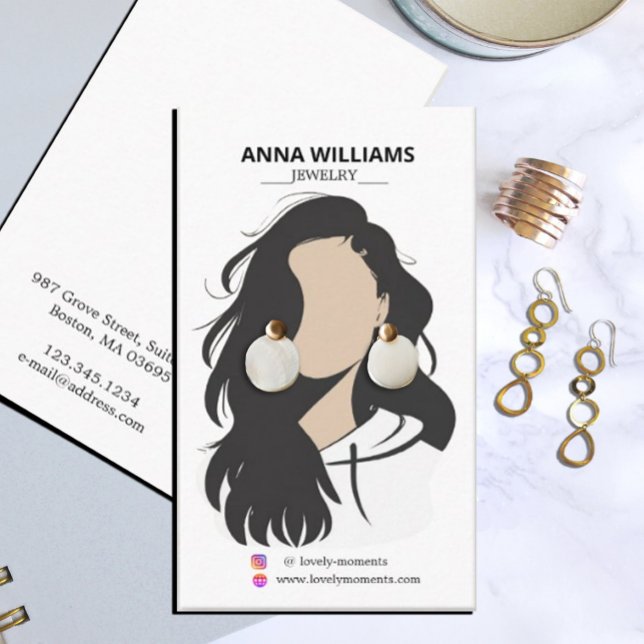 Modern Black Hair Girl Earring Visning Visitkort (#zazzlecard #WomanArt #womanface #earringholder #earring #businesscard #hairstyle #artist #makeup )