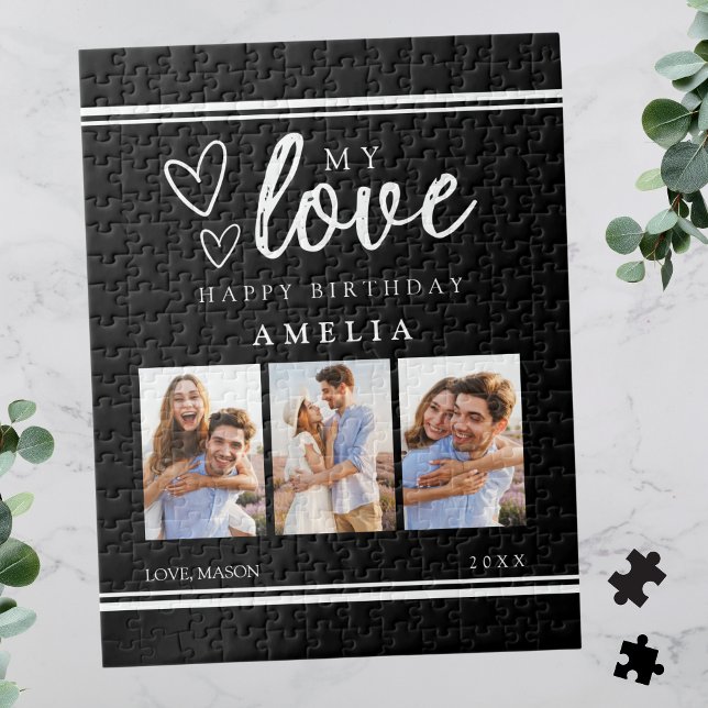 Modern Black Happy Birthday Photo Collage Pussel (Modern Black Happy Birthday Photo Collage Jigsaw Puzzle for Her)