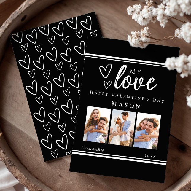 Modern Black Happy Valentine's Photo Collage Card Julkort (Modern Black and White Hand Drawn Hearts Photo Collage Happy Valentine's Day Card)