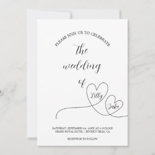 Modern Black Heart Calligraphy Script Bröllop Inbjudningar