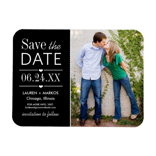 Modern Black Hearts Bröllop Photo Save Date Magnet (Horisontell)