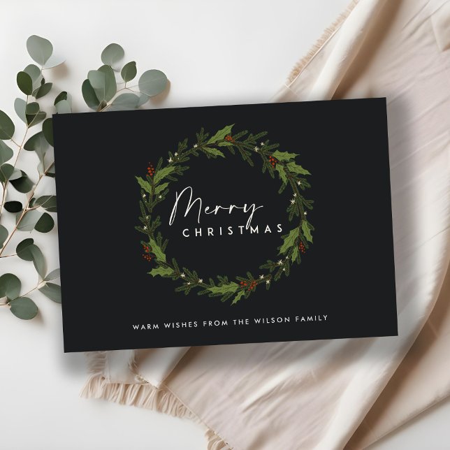 MODERN BLACK HOLLY BERRY WREATH GOD JUL JULKORT (Skapare uppladdad)