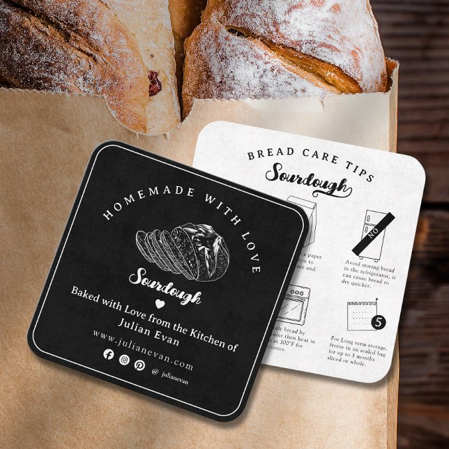 Modern Black Homemade Sourdough Bread Care Tips Fyrkantigt Visitkort (Modern Black Homemade Sourdough Bread Care Tips Square Business Card)