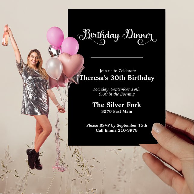 Modern Black Jewel Tone Elegant Birthday Middag Inbjudningar (Skapare uppladdad)