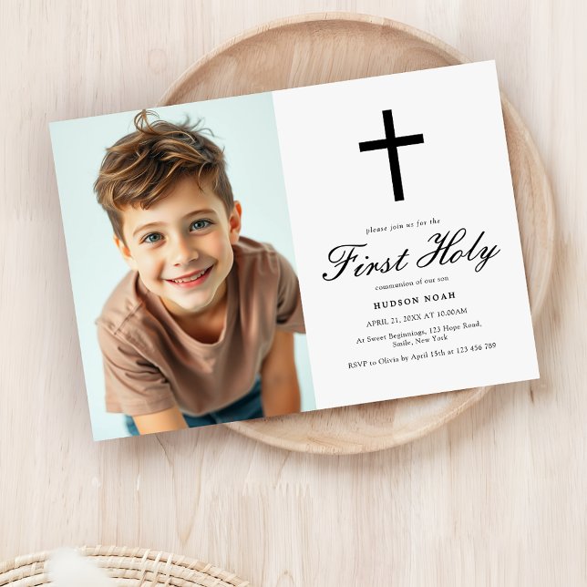 Modern Black Kor minimalist Boys First Communion Inbjudningar (Skapare uppladdad)
