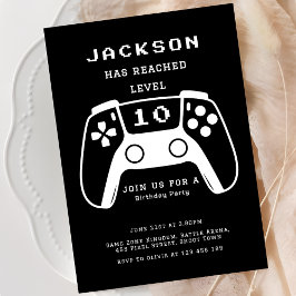 Modern Black Level Up Gamer Kids Birthday Party Inbjudningar