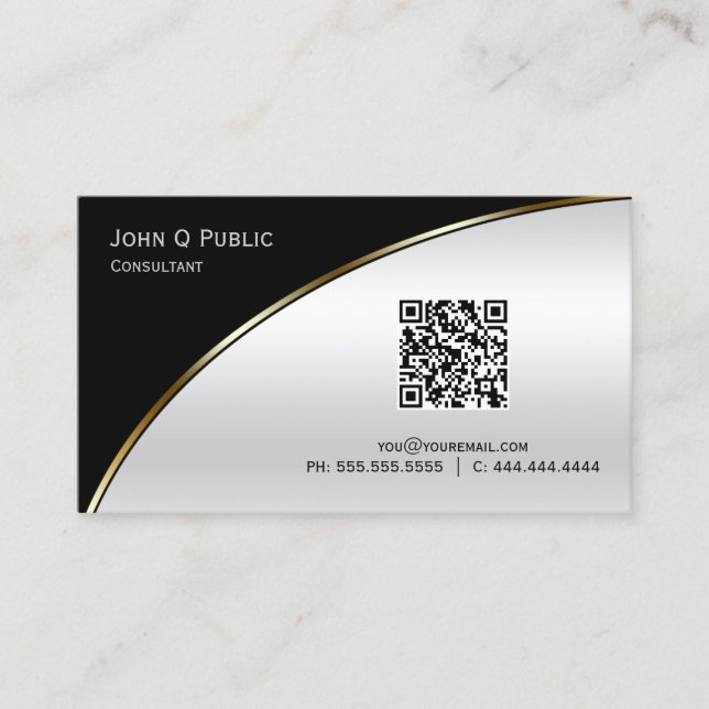 Modern Black Light Silver QR Elegant Professionell Visitkort (Framsida)