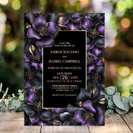 Modern Black Lila Grått Blommigt Bröllop Inbjudningar