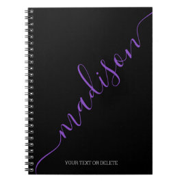 Modern Black Lila Namn Monogram Initial Anteckningsbok