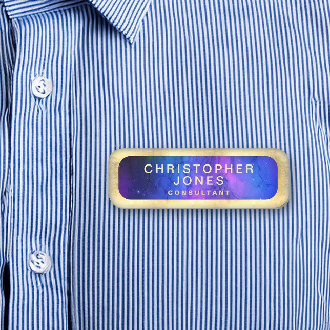 Modern Black Lila Rymden Nebula Namnbricka (gold purple modern custom name tag)