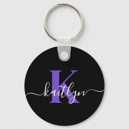 Modern Black Lila Script Monogram Nyckelring