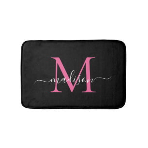 Modern Black Magenta Rosa Monogram Script Elegant Badrumsmatta