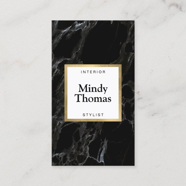 Modern Black Marble Faux Guld Ram Visitkort (Framsida)