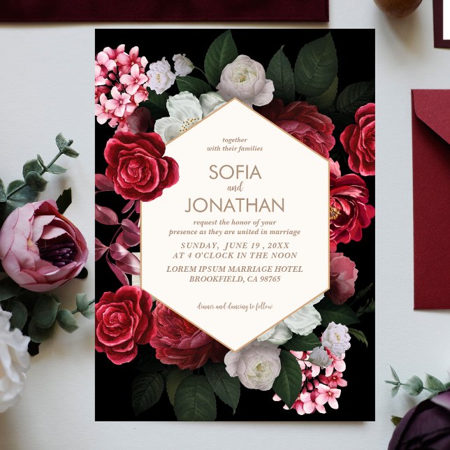 Modern Black Maroon Rustic Blommigt Fall Wedding Inbjudningar (Skapare uppladdad)