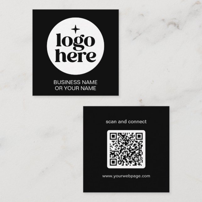 Modern Black Minimal QR Code Logo Fyrkantigt Visitkort (Fram/baksida)