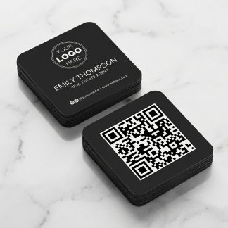 Modern Black Minimalist QR Code Social Media Fyrkantigt Visitkort