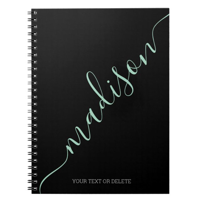 Modern Black Mint-Grönt handskriven Namn Monogram Anteckningsbok (Framsidan)