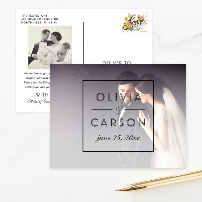 Modern Black Monogram Bröllop Photo Tack Vykort (Skapare uppladdad)