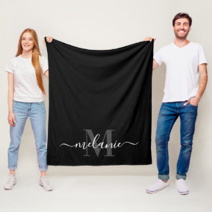 Modern Black Monogram Calligraphy Fleece Blanket