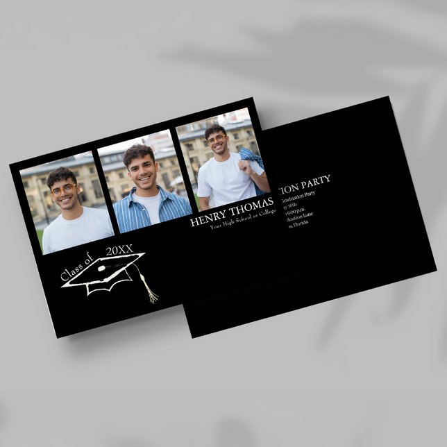 Modern Black Multi Photo Graduation Announcement Inbjudningar (Modern black graduation card with three photo collage and cap design)