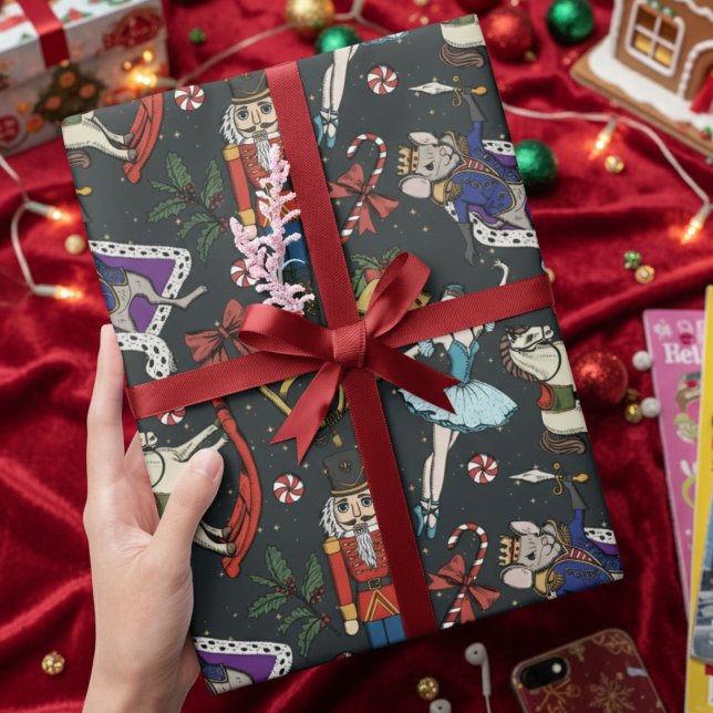 Modern Black Nutcracker Mouse King Ballerina Xmas Presentpapper (Elegant & Modern Black Nutcracker Ballet Wrapping Paper. Nutcracker, Ballerina, Mouse King Pattern)