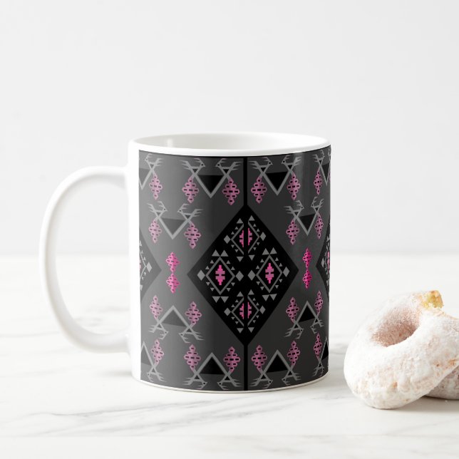 Modern Black och Grått Kilim Inspired Mönster Kaffemugg (Med munk)