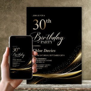 Modern Black och Guld 30års födelsedag Party Inbjudningar