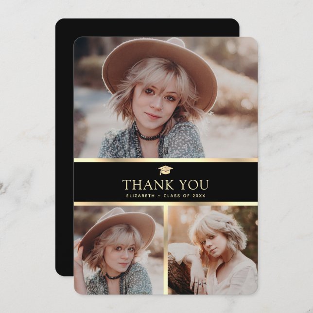 Modern Black och Guld 3 Photo Studenten Tack Kort (Fram/baksida)