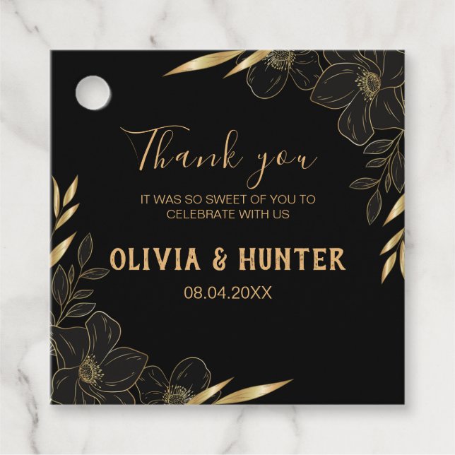 Modern Black och Guld Blommigt bröllop Tack Gåvor Etiketter (Framsida)
