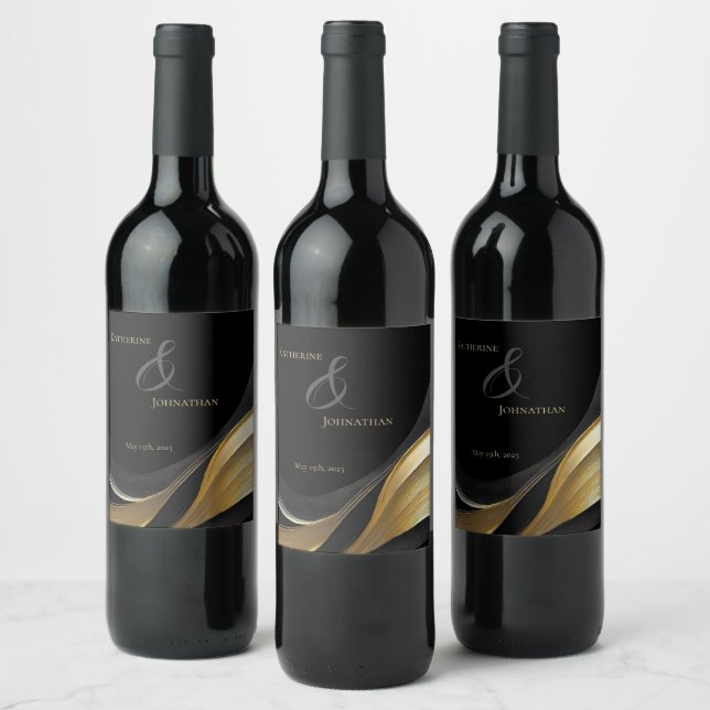 Modern Black och Guld Bröllop Vinflaska Etikett (Flaskor)