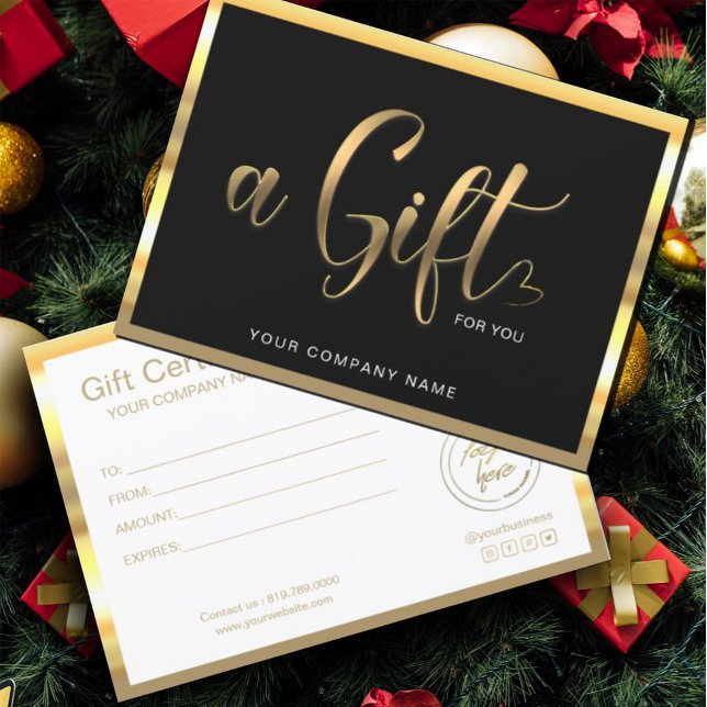 Modern Black och Guld | Certifikat för gåva av Log (elegant gift certificate features a dark black background, with gold handwritten script typography.)