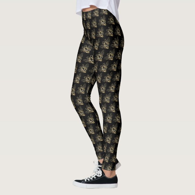 Modern Black och Guld Cute Little Bee Mönster Leggings (Vänster)