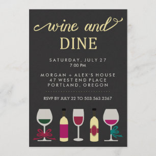 Modern Black och Guld Vin Party Flaskor och glas Inbjudningar