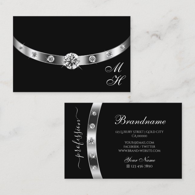 Modern Black och Silver med Monogram Professionell Visitkort (Fram/baksida)