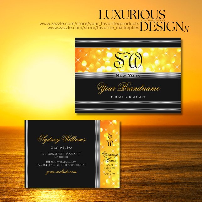 Modern Black Orange Glitter Monogram Silver Gräns Visitkort (Skapare uppladdad)