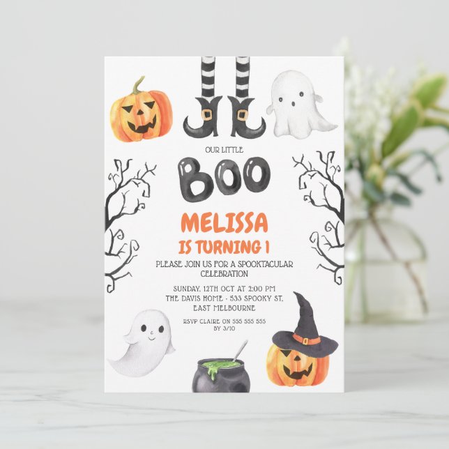 Modern Black Orange Little Boo Halloween Birthday Inbjudningar (Stående Fram)